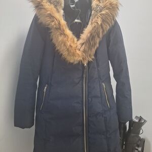 Women's Navy Parka with Faux Fur Trim